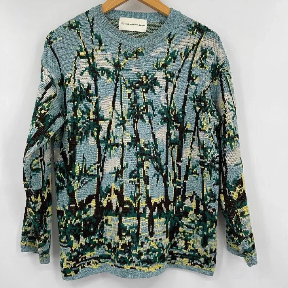 Gu and Beautiful People Green Blue Hawaiian Graphic Knit Pullover Sweater Size S